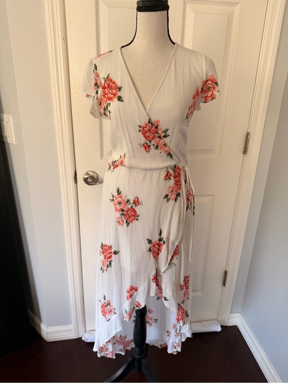 Altar'd State White Wrap Dress with Coral Flower Print